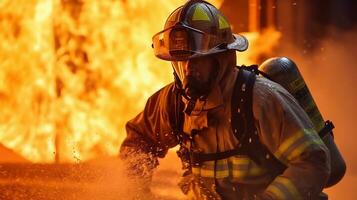 ai generato pompiere lavori nel ardente edificio vigile del fuoco su fiamma sfondo generativo ai foto