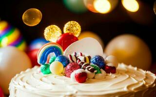 ai generato dolce celebrazione colorato torta e gioioso momenti a un' figli di compleanno festa ai generato foto