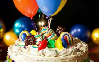 ai generato dolce celebrazione colorato torta e gioioso momenti a un' figli di compleanno festa ai generato foto