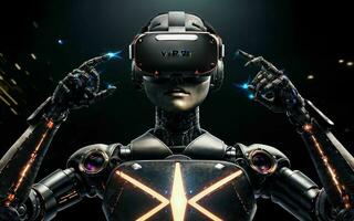 ai generato cibernetico odissea il fusione di robot e virtuale la realtà nel di gioco futuristico frontiera ai generato foto