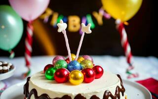 ai generato dolce celebrazione colorato torta e gioioso momenti a un' figli di compleanno festa ai generato foto