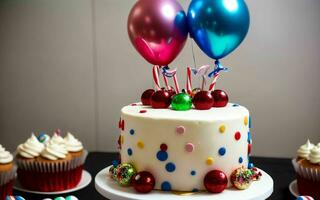 ai generato dolce celebrazione colorato torta e gioioso momenti a un' figli di compleanno festa ai generato foto