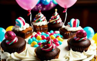 ai generato dolce celebrazione colorato torta e gioioso momenti a un' figli di compleanno festa ai generato foto