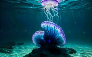 ai generato illuminato profondità un' fantastico viaggio in il raggiante regni di subacqueo fantasia ai generato foto