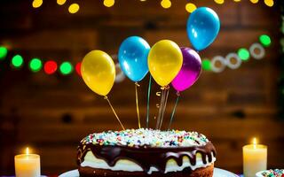 ai generato dolce celebrazione colorato torta e gioioso momenti a un' figli di compleanno festa ai generato foto