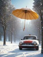 ai generato auto con volante ombrello nel neve foto