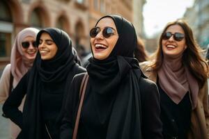 ai generato gruppo di musulmano amici indossare hijab Abbracciare una persona e sorridente insieme foto