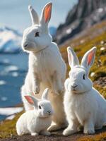 ai generato bianca coniglio famiglia con natura sfondo foto