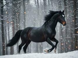 ai generato selvaggio cavallo in esecuzione attraverso coperto di neve campo foto
