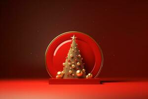 ai generato rosso decorato Natale albero con regalo e copia spazio rosso isolato sfondo foto