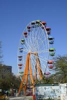 Ferris ruota. Ferris ruota nel il città parco. posti a sedere per viaggiatori su il Ferris ruota foto