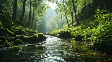 ai generato illuminata dal sole ruscello fluente attraverso un' verdeggiante foresta foto