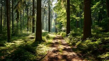 ai generato incantata foresta pista bagnata nel luce del sole foto