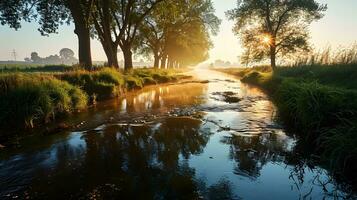 ai generato mattina splendore su un' sereno fiume attraverso il prati foto