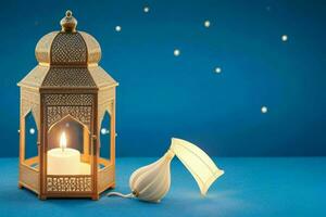 ai generato celebrazione di islamico eid mubarak e eid al adha lanterna sfondo e bandiera design. professionista foto