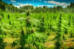 ai generato marijuana fioritura impianti natura di azienda agricola campo con verde. neurale Rete ai generato foto