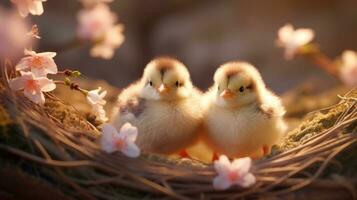 ai generato piccolo pulcini nel un' nido circondato di primavera fiori. carino poco uccelli. Perfetto per Pasqua, primavera temi, saluto carte, bambini libri, striscioni, manifesti, cartoline foto