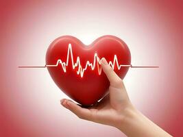 ai generato San Valentino giorno concetto 3d rosso cuore con cardiogramma e mano avvicinamento foto