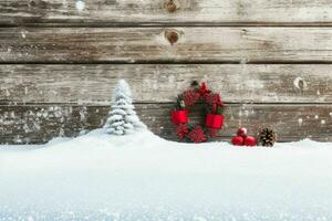 ai generato Natale di legno sfondo con neve. allegro Natale e nuovo anno bandiera con copia spazio. professionista foto