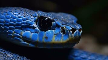 ai generato blu vipera serpente avvicinamento viso generativo ai foto