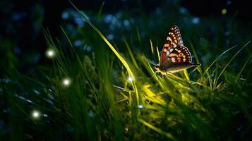 ai generato farfalla nel il erba prato a notte generativo ai foto