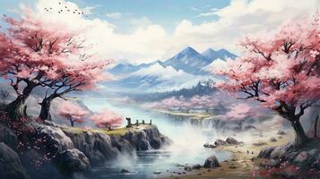 ai generato bellissimo fantasia primavera natura paesaggio e ciliegia fiorire albero animato sfondo nel giapponese anime acquerello generativo ai foto