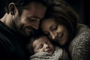 ai generato neonato cullato nel genitori amorevole abbraccio foto