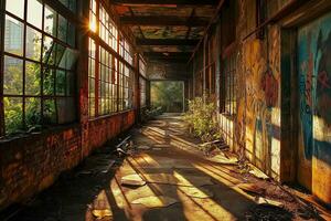ai generato illuminata dal sole rovine, graffiti rivestito abbandonato fabbrica foto