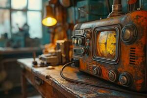 ai generato Vintage ▾ Radio nostalgia su banco di lavoro foto