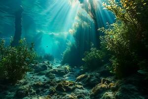 ai generato subacqueo serenità, illuminata dal sole acquatico Paese delle meraviglie foto