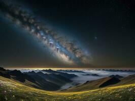 ai generato surreale paesaggio con campo e natura guardare a il celeste stellato cielo maestoso sfondo foto