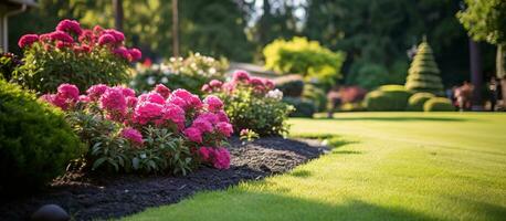 ai generato parco all'aperto ben curato prato e letto di fiori foto