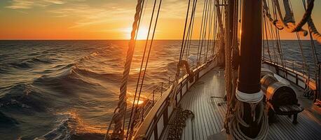 ai generato andare in barca nave a mare con un' panoramico Visualizza di il tramonto foto