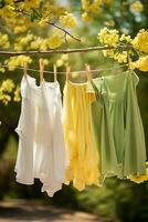 ai generato fresco inizi di moda primavera pulizia nel giallo e verde foto