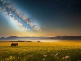 ai generato surreale paesaggio con campo e natura guardare a il celeste stellato cielo maestoso sfondo foto