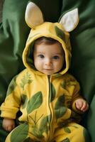 ai generato bosco Meraviglia adorabile bambino nel natura a tema tutina foto