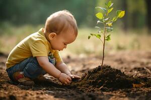 ai generato poco arboricoltore di bambino piantagione naturale avventura foto