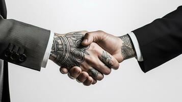 ai generato tatuaggio stretta di mano Due uomini d'affari significa riuscito accordo bianca sfondo. generativo ai foto