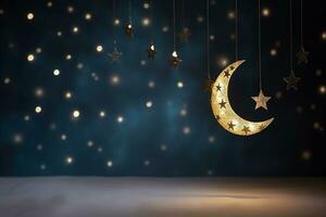 ai generato Luna e stelle Ramadan kareem blu sfondo foto