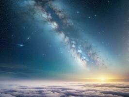 ai generato orbitante sopra nube guardare a il celeste stellato cielo e pianeta lontano al di là foto