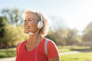 ai generato contento sorridente bellissimo anziano donna a piedi nel parco all'aperto ascoltando musica con cuffie foto