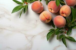 ai generato azione foto di pesca frutta nel il cucina tavolo professionale pubblicità cibo fotografia