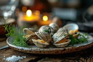 ai generato al vapore bambino vongole nel il cucina tavolo professionale pubblicità cibo fotografia foto