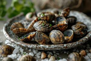 ai generato al vapore bambino vongole nel il cucina tavolo professionale pubblicità cibo fotografia foto