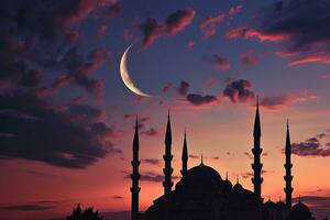 ai generato islamico sfondo di silhouette islamico moschea a notte con Luna su blu cielo foto