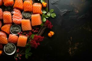 ai generato Sushi giapponese cibo isolato nel cucina tavolo professionale pubblicità cibo fotografia foto