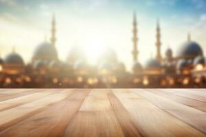 ai generato vuoto bellissimo legna tavolo superiore contatore e sfocatura bokeh moschea nel sfondo foto