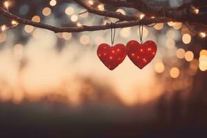 ai generato San Valentino giorno amore bellissimo cuori sospeso su ramo di albero foto