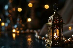 ai generato ornamentale Arabo lanterna con ardente candela raggiante a notte invito per musulmano santo mese Ramadan kareem foto