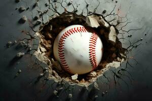 ai generato di forte impatto baseball scena palla strepitoso attraverso un' parete con crepe foto